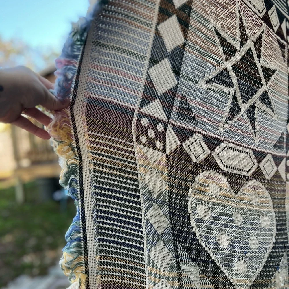 Vintage Woven Folk Art Throw Blanket Heart & Star Quilt Pattern Fringe